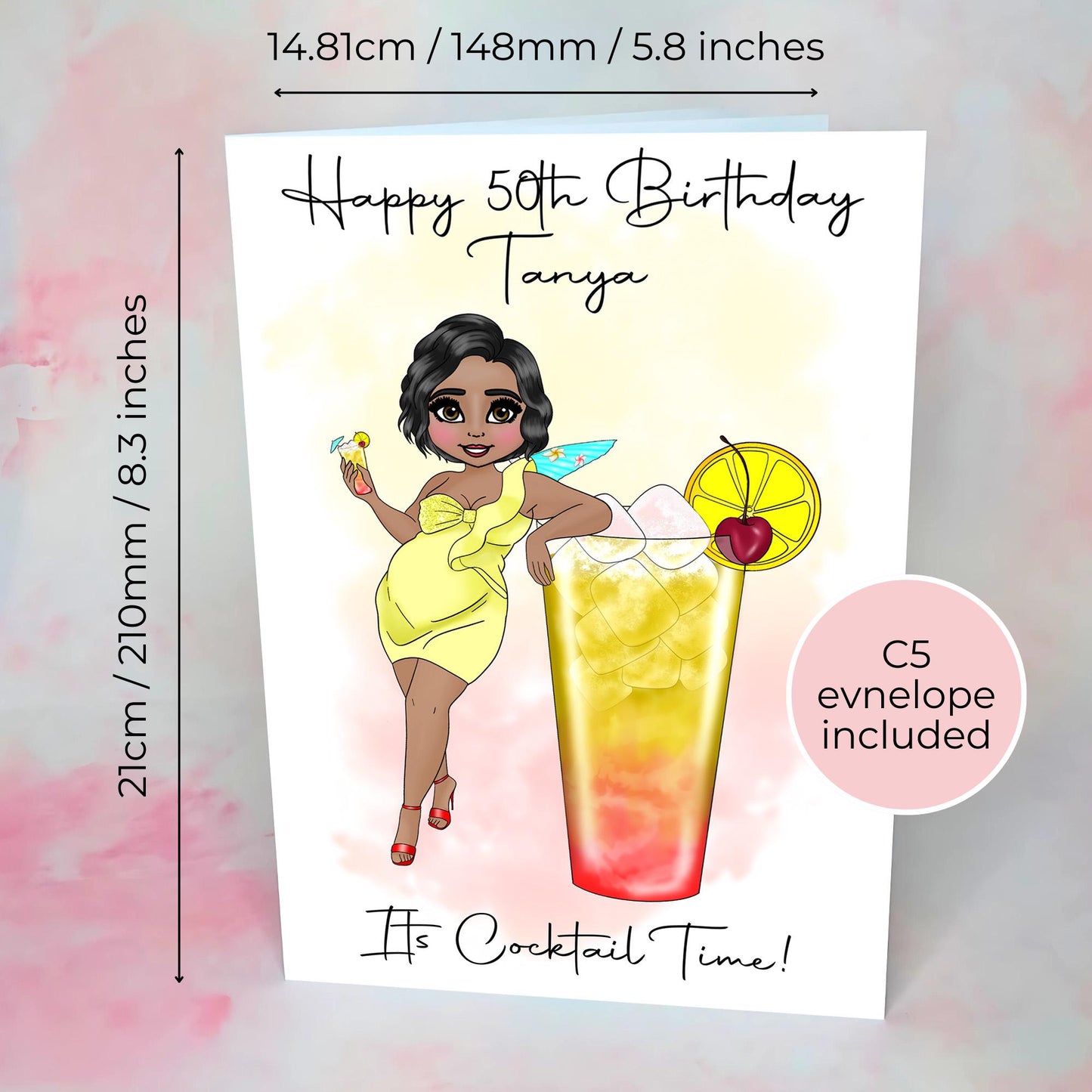 Tequila Sunrise Birthday Card, Cocktail Themed Greeting Card For Her, Custom Character Card Gift For Summer Soiree Cocktail #G1
