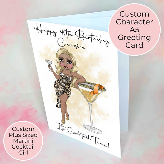 Plus sized Martini Cocktail Girl Birthday Card, Milestone Birthday Card For Her, Leopard Print Cocktail Girl Greeting Card #G1