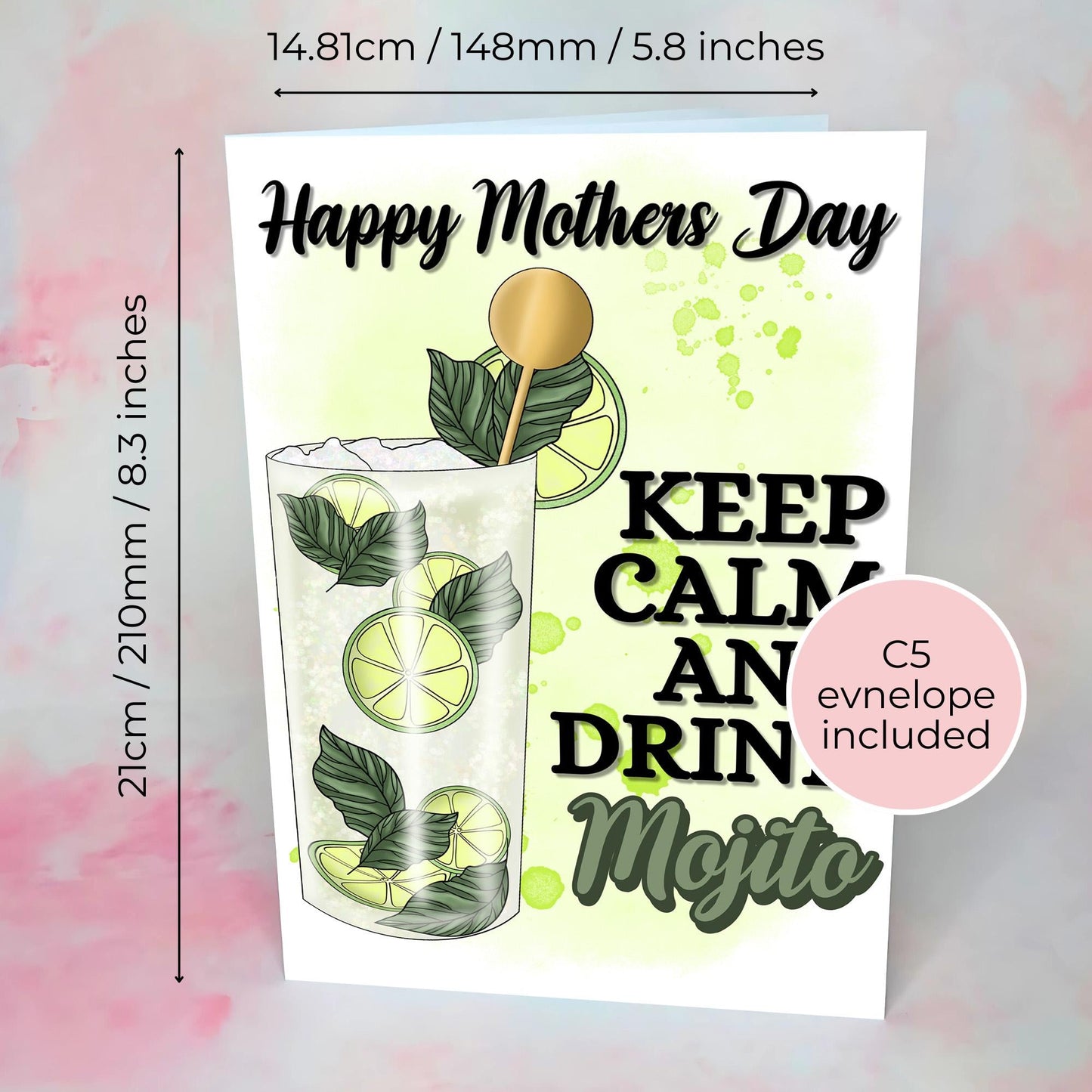 Keep Calm And Drink Mojito Mothers Day Card, A5 Greeting Card For Mothers Day, Cocktail Lover Card Gift For Her, Rush My Order Optional Card #G1