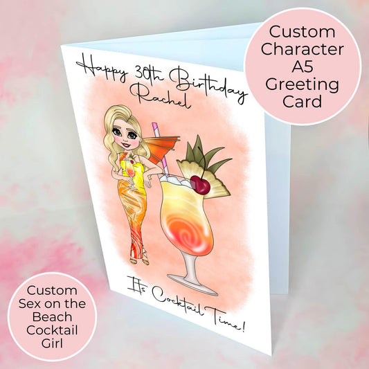 Personalised Sex On The Beach Cocktail Girl Birthday Card, Milestone Birthday Gift For Her, Cocktail Summer Soiree Birthday Party  Theme