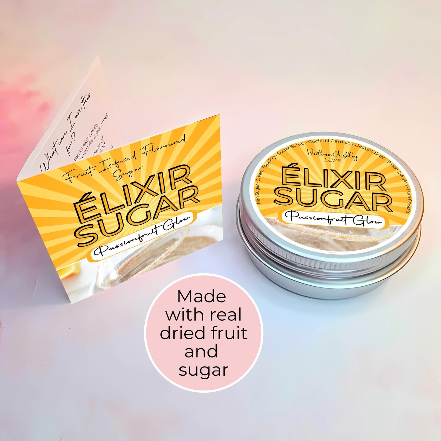 Passionfruit Flavoured Sugar, 20G Reusable Giftable Tin Of Fruit Infused Sugar, Cocktail Dessert Garnish Topping, Artisan Sugar For Baking #FRS