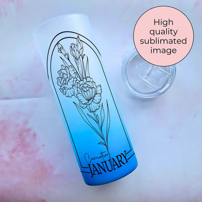 20oz Glass Ombre Tumbler With January Birth Flower Design, Black And White Line Art Carnation Birth Zodiac Flower, Milestone Birthday Gift