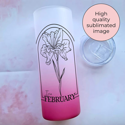 20oz Ombre Glass Tumbler with February Iris Birth Flower, Personalised Floral Gift for Her, Birthday Drinkware for Women, End Of Term Gift