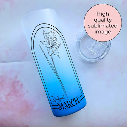20oz Tempered Glass Ombre Tumbler For Her, Milestone Birthday Gift With March Birth Flower, Daffodil Theme Tumbler Gift Hot Or Cold Drinks