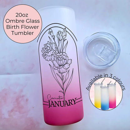 20oz Glass Ombre Tumbler With January Birth Flower Design, Black And White Line Art Carnation Birth Zodiac Flower, Milestone Birthday Gift