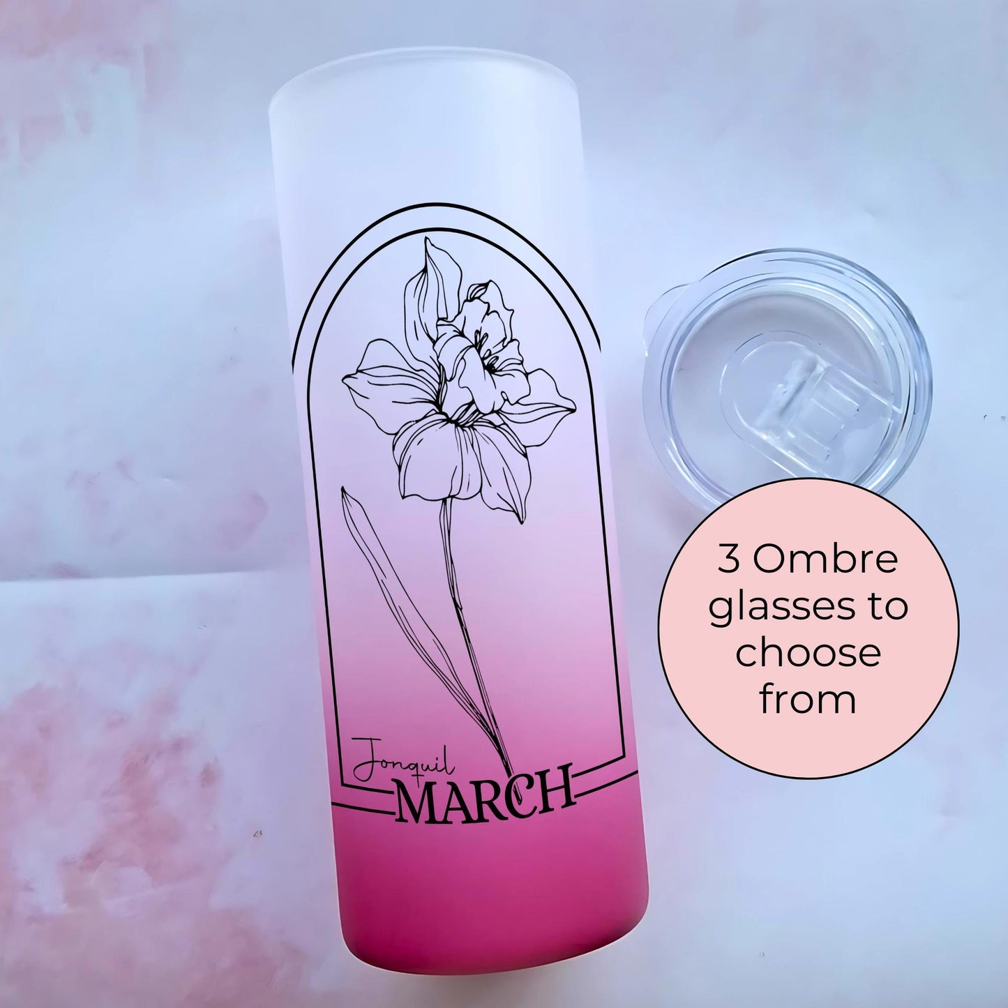 20oz Tempered Glass Ombre Tumbler For Her, Milestone Birthday Gift With March Birth Flower, Jonquil Flower Tumbler Gift Hot Or Cold Drinks