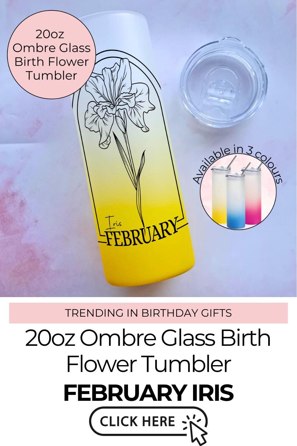 20oz Ombre Glass Tumbler with February Iris Birth Flower, Personalised Floral Gift for Her, Birthday Drinkware for Women, End Of Term Gift
