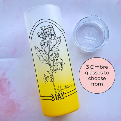 20oz Ombre Glass Tumbler, May Birth flower Line Art Floral Tumbler, Teacher End Of Term Appreciation Gift, Hawthorn Monochrome Line Art