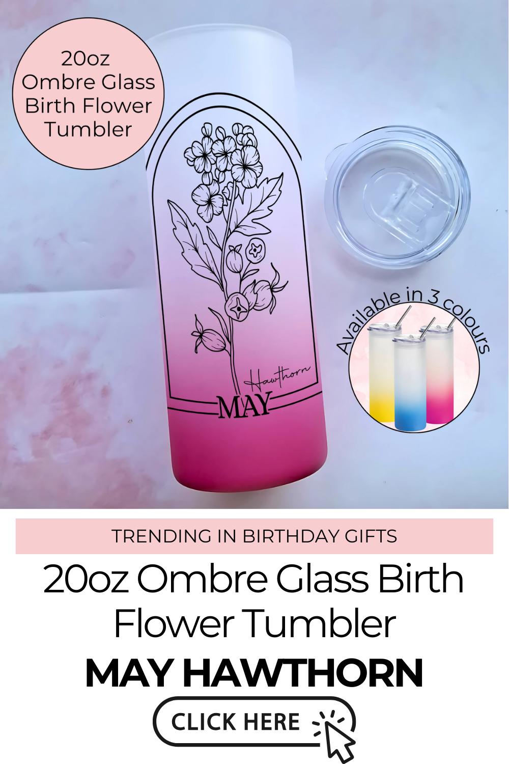20oz Ombre Glass Tumbler, May Birth flower Line Art Floral Tumbler, Teacher End Of Term Appreciation Gift, Hawthorn Monochrome Line Art #BF