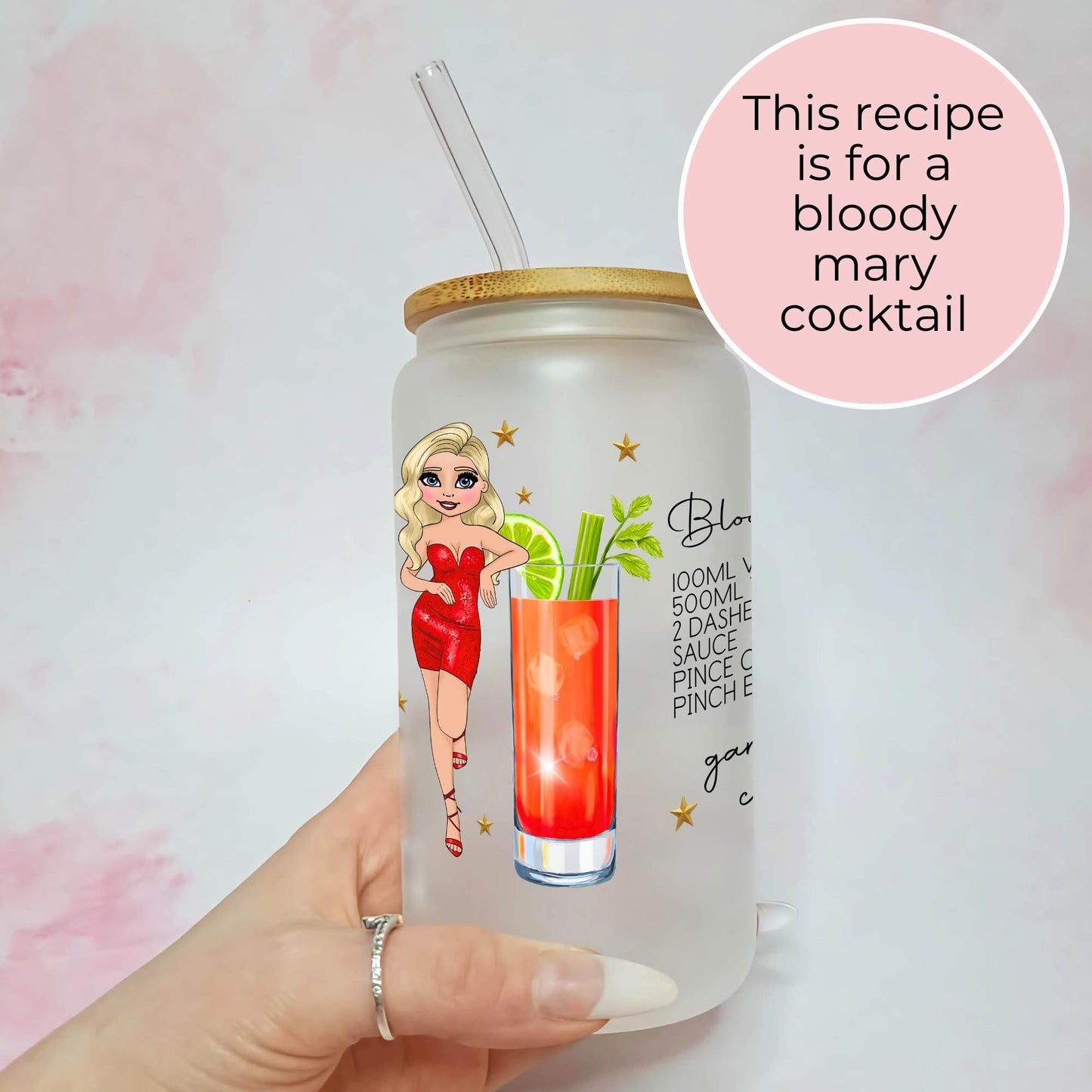 Bloody Mary Custom Character Sublimated Glass Tumbler, Frosted 16oz Tumbler With Bloody Mary Cocktail, Tomato Juice Picnic Cocktail Glass #FL