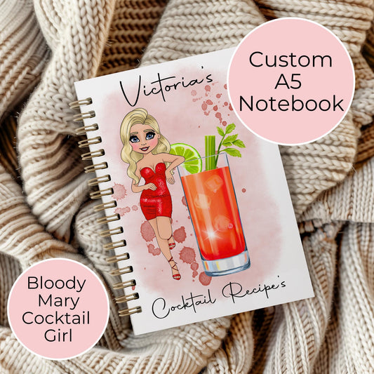 Bloody Mary A5 Custom Character Notebook, Spiral Wire Bound Notebook Gift For Her End Of Term gift, Party Planning Lined Page Diary Jotter #NB