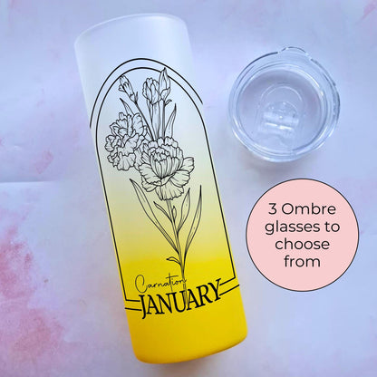 20oz Glass Ombre Tumbler With January Birth Flower Design, Black And White Line Art Carnation Birth Zodiac Flower, Milestone Birthday Gift
