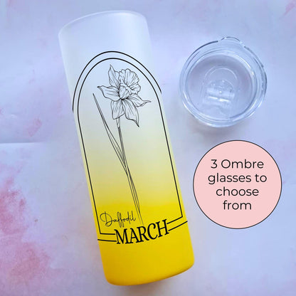 20oz Tempered Glass Ombre Tumbler For Her, Milestone Birthday Gift With March Birth Flower, Daffodil Theme Tumbler Gift Hot Or Cold Drinks
