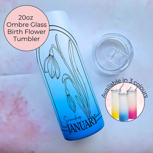 20oz Ombre Glass Tumbler Gift For Her Birthday, January Zodiac Birthday Flower, Snowdrop Line Art Sublimated Tumbler, Teacher Appreciation #BF
