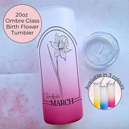 20oz Tempered Glass Ombre Tumbler For Her, Milestone Birthday Gift With March Birth Flower, Daffodil Theme Tumbler Gift Hot Or Cold Drinks
