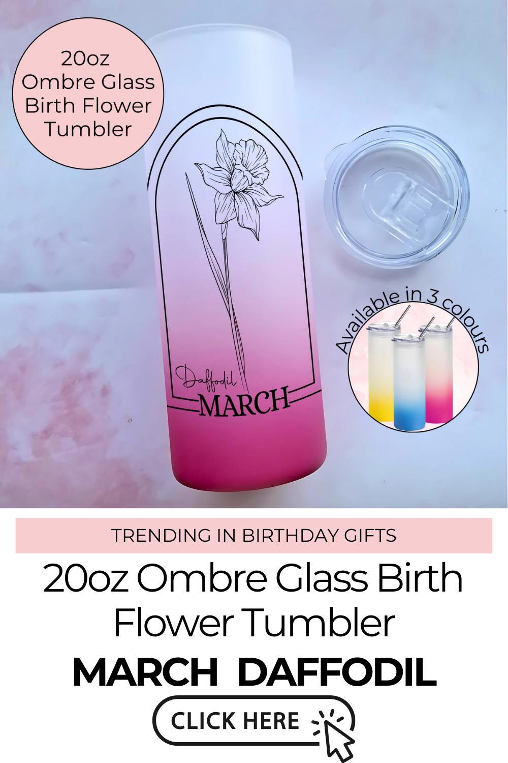 20oz Tempered Glass Ombre Tumbler For Her, Milestone Birthday Gift With March Birth Flower, Daffodil Theme Tumbler Gift Hot Or Cold Drinks