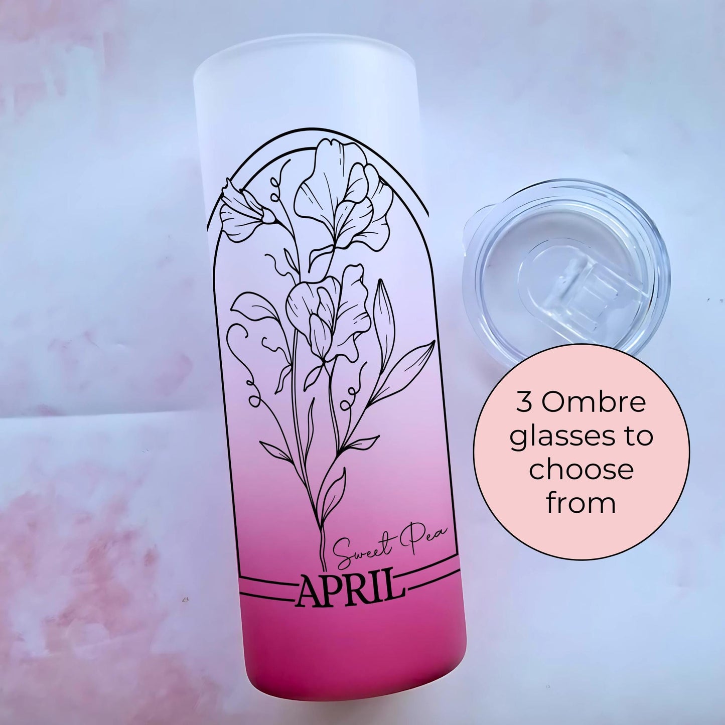 20oz Ombre Tempered Glass Tumbler, April Birth Flower Gift For Her, Bright Pink Blue Yellow Ombre Botanical Birth Flower, Sweet Pea Zodiac