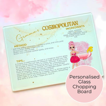 Personalised A4 Cosmopolitan Cocktail Themed Glass Chopping Board, Summer Soiree Cocktail Themed Housewarming Gift, Milestone Birthday Gift #CB1