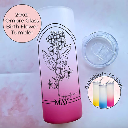 20oz Ombre Glass Tumbler, May Birth flower Line Art Floral Tumbler, Teacher End Of Term Appreciation Gift, Hawthorn Monochrome Line Art