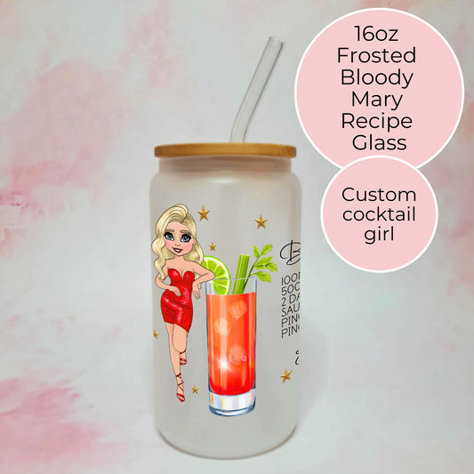 Bloody Mary Custom Character Sublimated Glass Tumbler, Frosted 16oz Tumbler With Bloody Mary Cocktail, Tomato Juice Picnic Cocktail Glass #FL