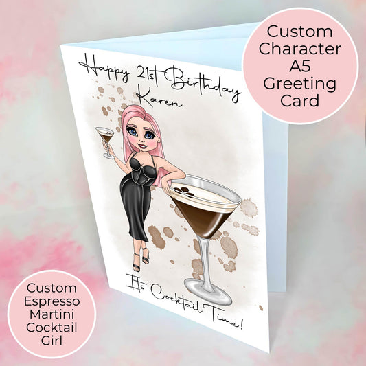Espresso Martini Custom Character A5 Birthday Card, Coffee Cocktail Themed Birthday Greeting Card For Mum Sister Best Friend #G1
