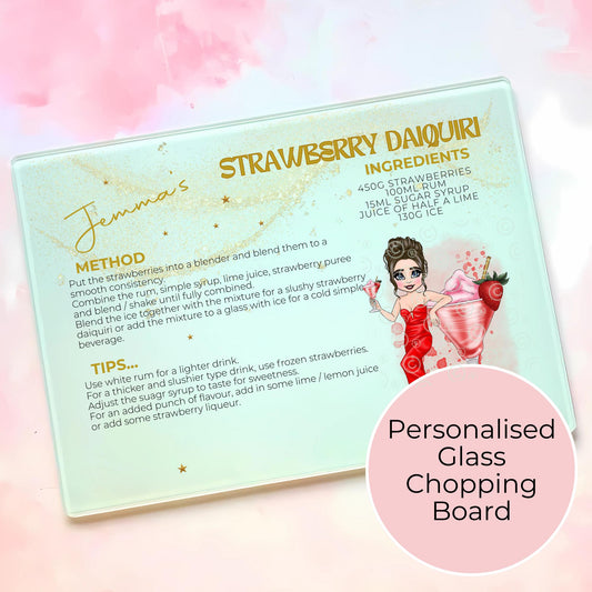 Strawberry Daiquiri A3 A4-Sized Glass Chopping Board, Summer Soiree Custom Housewarming Cocktail Themed Gift For Newly Weds #GB