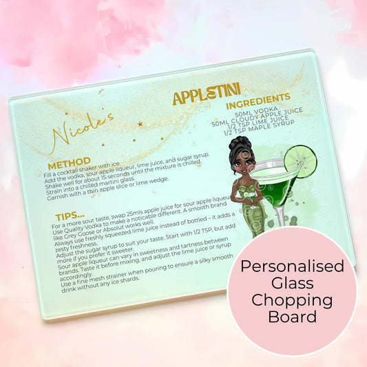 Appletini Personalized Cocktail Themed A3 A4-Sized Glass Chopping Board, Personalised Milestone Birthday Housewarming Gift, Cocktail Inspired #GB