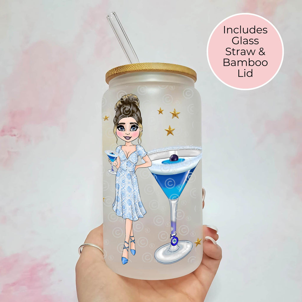 Greek Mati Cocktail Girl 16oz Frosted Libby Glass – Personalised Recipe Glass #FL