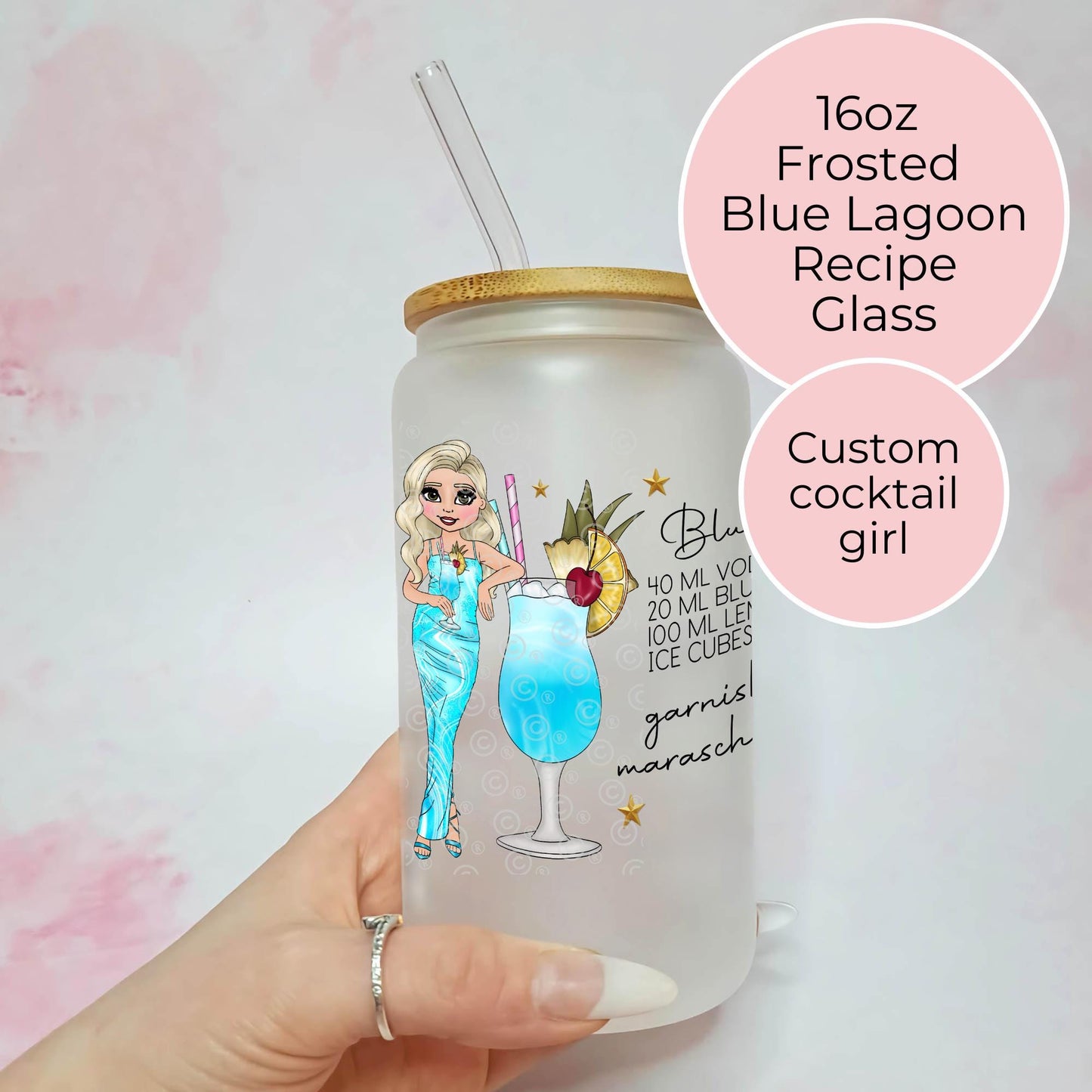 Blue Lagoon 16oz Custom Character Cocktail Recipe Glass, Frosted Glass With Cocktail Design, Girls Cocktail Party Themed Gift For Her #FL
