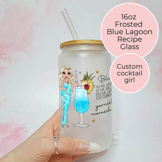 Blue Lagoon 16oz Custom Character Cocktail Recipe Glass, Frosted Glass With Cocktail Design, Girls Cocktail Party Themed Gift For Her #FL