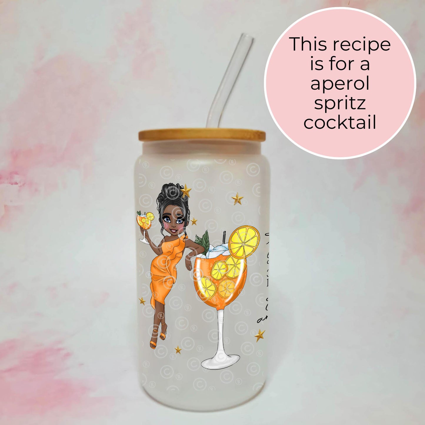 Aperol Sprits 16oz Frosted cocktail Themed Glass, Custom Character Cocktail Recipe On A Glass, Summer Soiree Birthday Party Gift For Her #FL