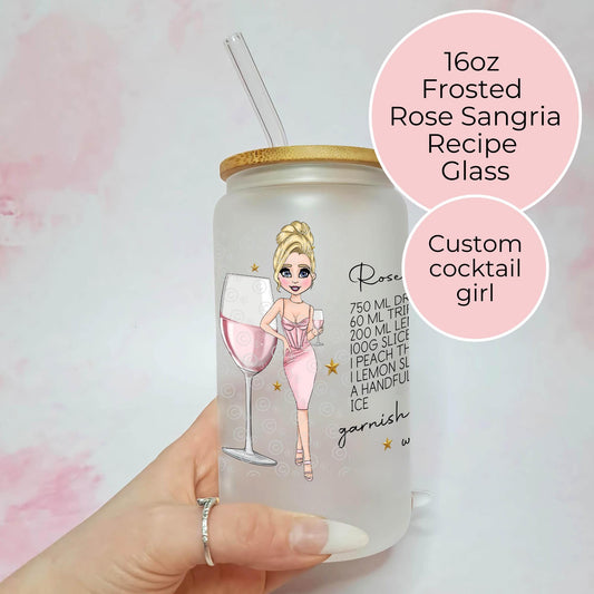 Rose Sangria Personalised 16oz Cocktail Girl Frosted Tumbler, Sublimated Cocktail Recipe Glass For End Of Term Teacher Gift, Her Birthday #FL