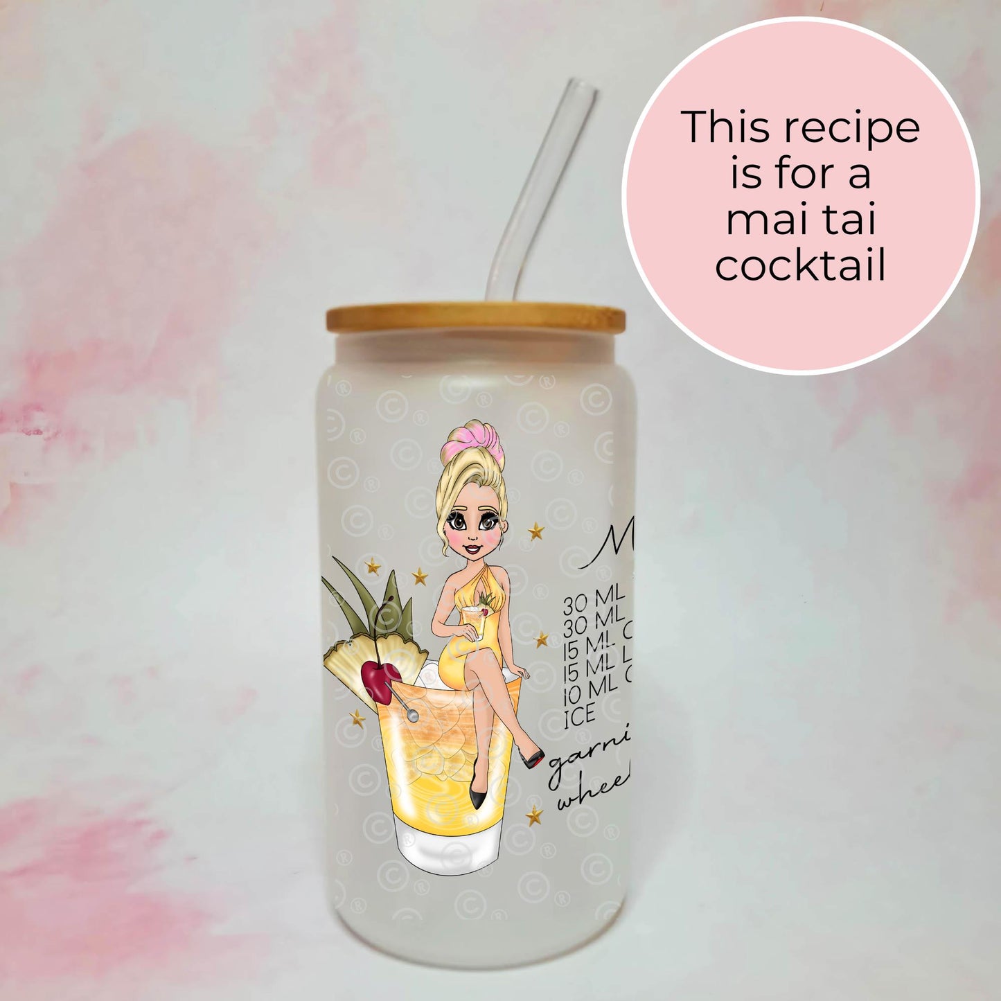 Mai Tai 16oz Frosted Glass Tumbler, Cocktail Recipe On A Tumbler, Birthday Gift For Cocktail Party, Tropical Cocktail Themed Event Glassware #FL