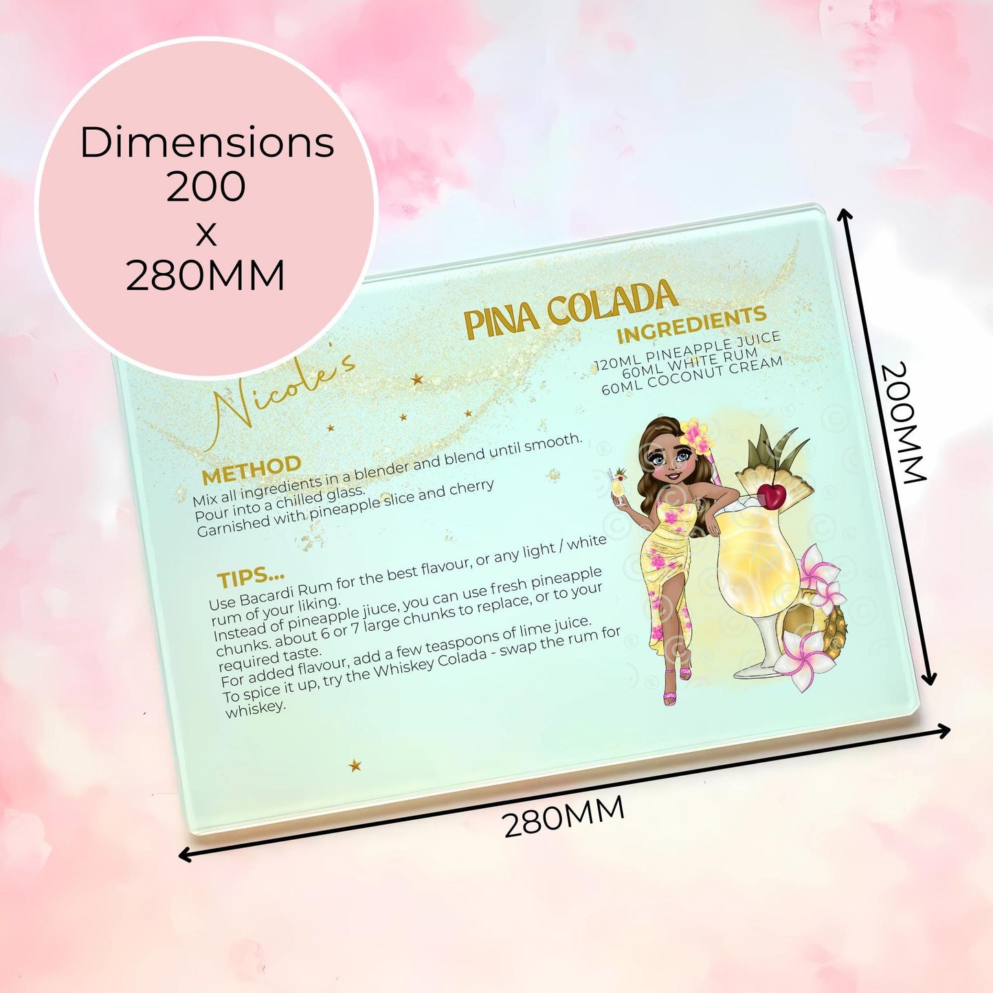 Pina Colada A4 Personalised Cocktail Theme Glass Chopping Board, Shatter Proof Space Saver Cutting Board, Bespoke Housewarming Birthday Gift #GB