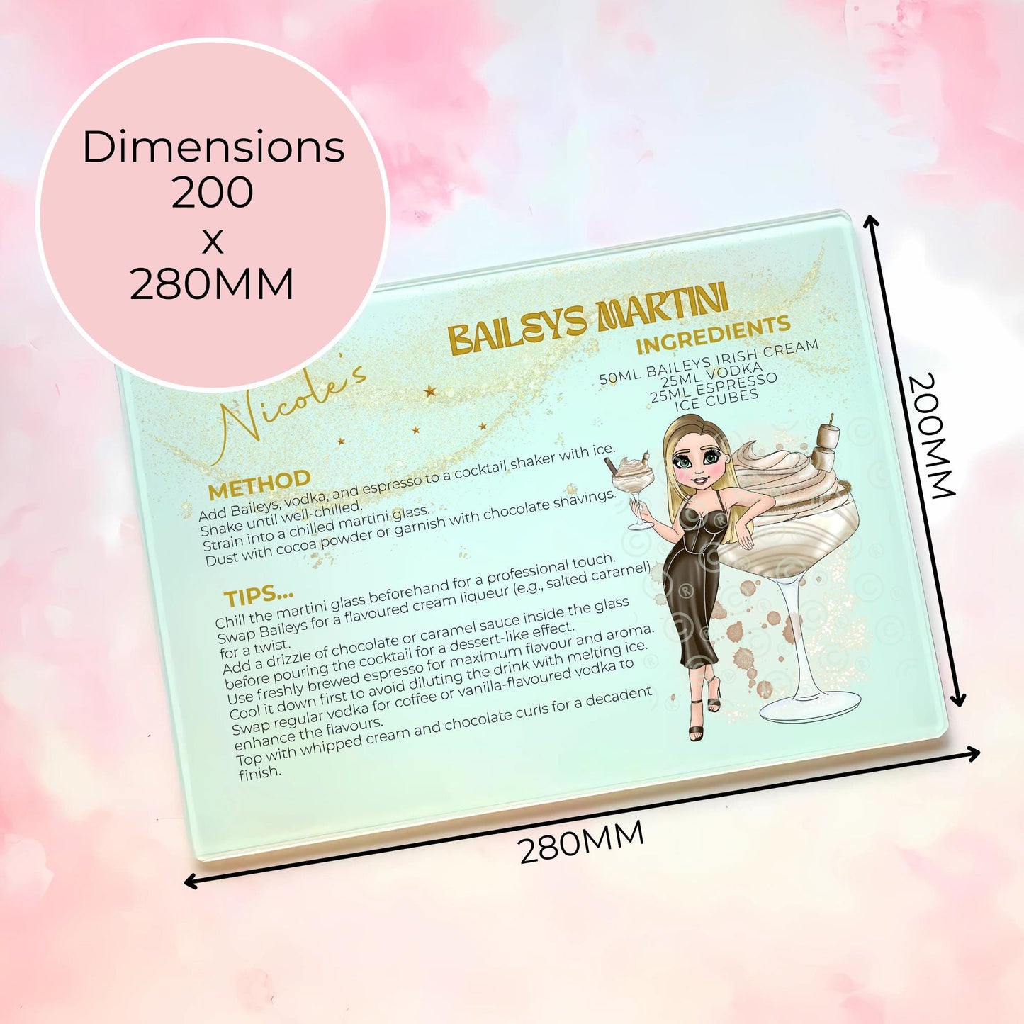 Baileys Martini Cocktail A3 A4 Glass Chopping Board, Personalised Christmas Gift With Custom Character Recipe Gift for Her Festive Cocktail Kitchen Décor #CG #GB