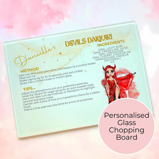 Devils Daiquiri Halloween Themed A3 Chopping Board, A4 Glass Chopping Board Work Top Saver, Halloween Cocktail Party Decor Housewarming Gift #HG #GB