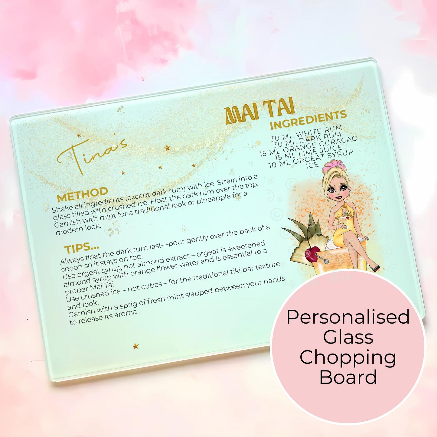 Mai Tai Personalised A3 A4 Glass Cutting Board, Milestone Birthday Gift For Her, Housewarming Cutting Board Gift For New Home Owners #GB