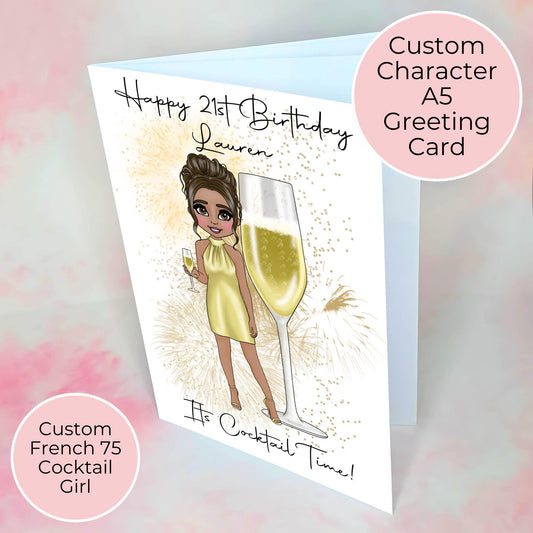 French 75 Champagne Cocktail Themed Card, End Of Term Teacher Card, Custom Text And Character Greeting Card For All Occasions #G1