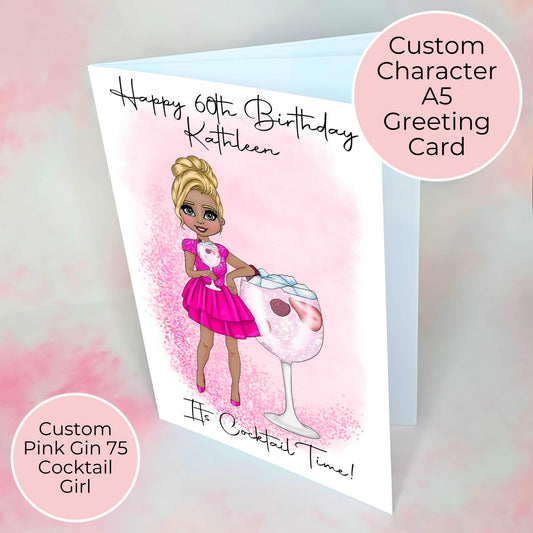 Pink Gin 75 A5 Personalised Cocktail Themed Birthday Card, Its Cocktail Time Bestie Milestone Birthday Greeting Card, Relation And Age Birthday #G1