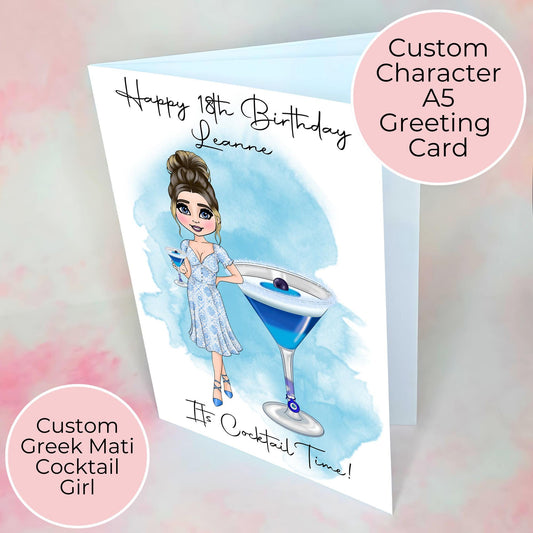 Greek Mati Personalised A5 Cocktail Themed Birthday Card For Her, Evil Eye Luxury Cocktail Greeting Card Gift For Her Milestone Birthday #G1