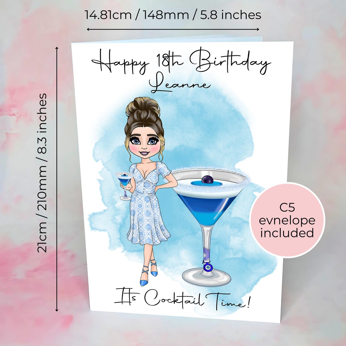 Greek Mati Personalised A5 Cocktail Themed Birthday Card For Her, Evil Eye Luxury Cocktail Greeting Card Gift For Her Milestone Birthday #G1