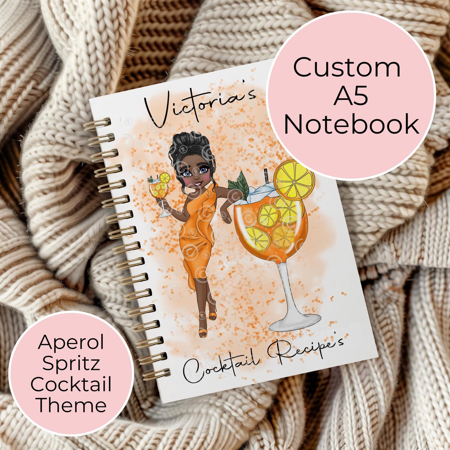 Personalised A5 Aperol Spritz Lined Paper Notebook, Custom Character Notebook Gift For Her Birthday Christmas Gift, Secret Santa Gift #NB