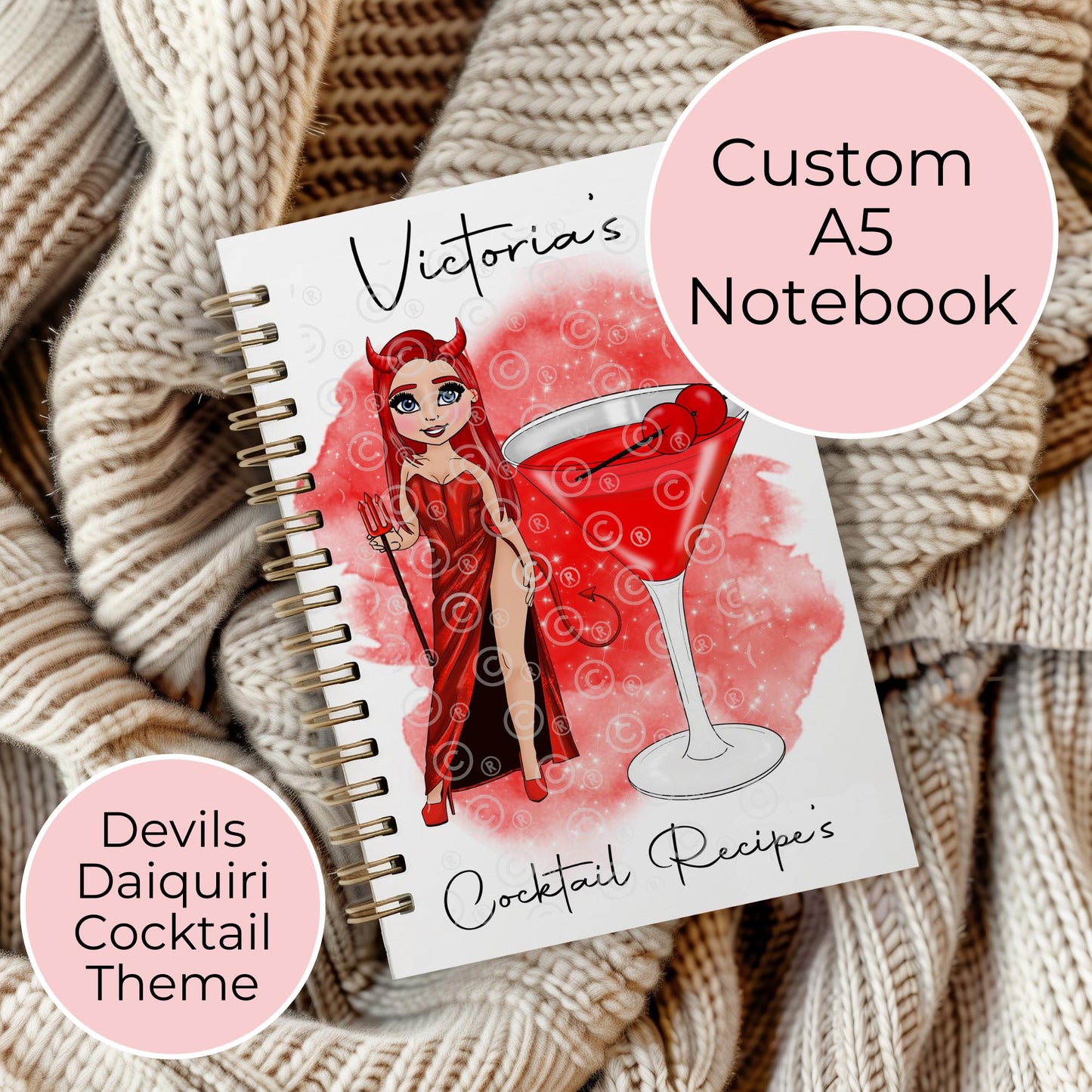 Devils Daiquiri Custom Character A5 Notebook Gift For Her, Red Saucy Devil Lined Page Notebook Christmas Birthday Gift For Her #HG #NB