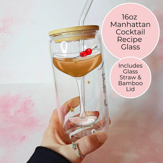 Manhattan 16oz Clear Libby Glass Cocktail And Recipe, Custom Cocktail Recipe Glass For Her Milestone Birthday, Whisky Cocktail Gift #CL