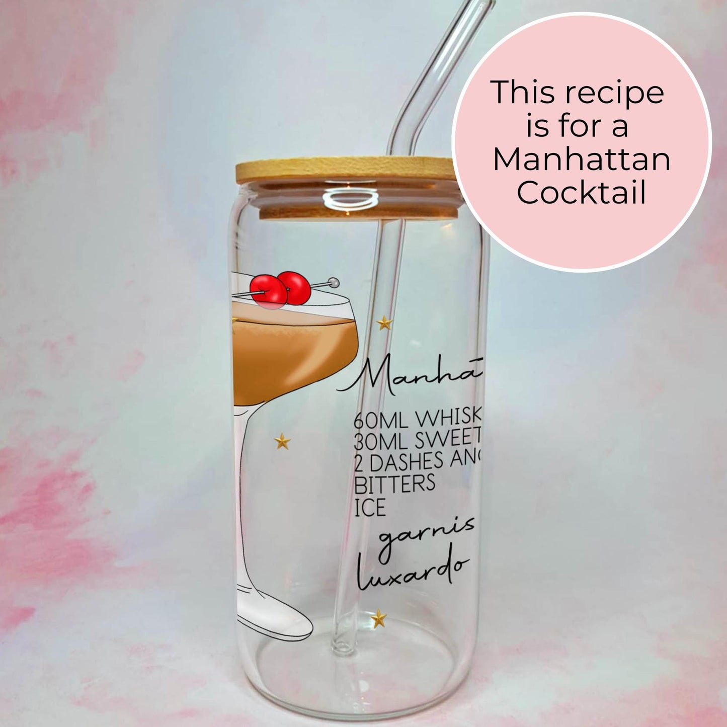 Manhattan 16oz Clear Libby Glass Cocktail And Recipe, Custom Cocktail Recipe Glass For Her Milestone Birthday, Whisky Cocktail Gift #CL
