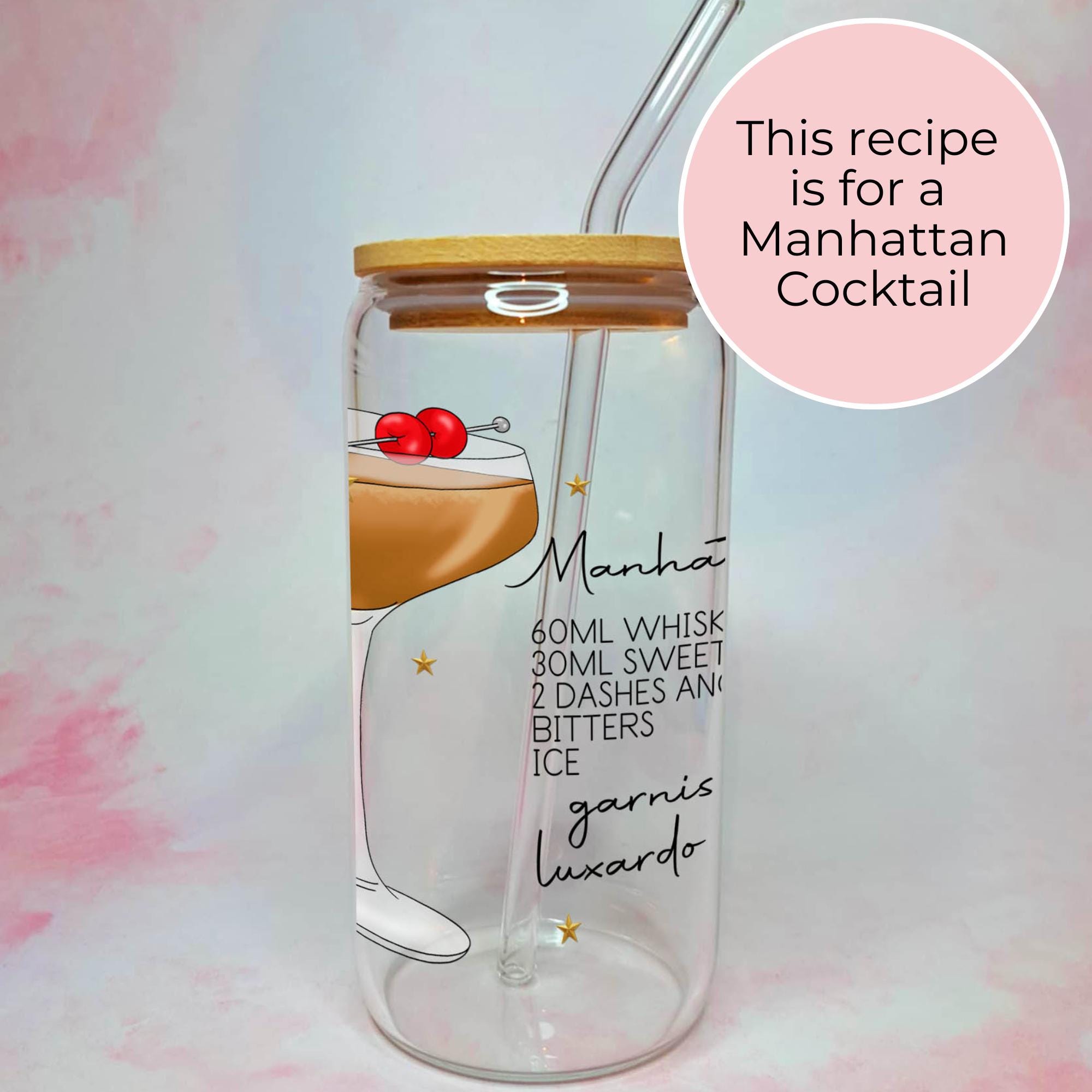 16oz Manhattan Cocktail Recipe Glass – Clear Tumbler with Bamboo Lid #CL