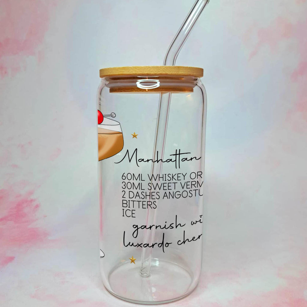 16oz Manhattan Cocktail Recipe Glass – Clear Tumbler with Bamboo Lid #CL