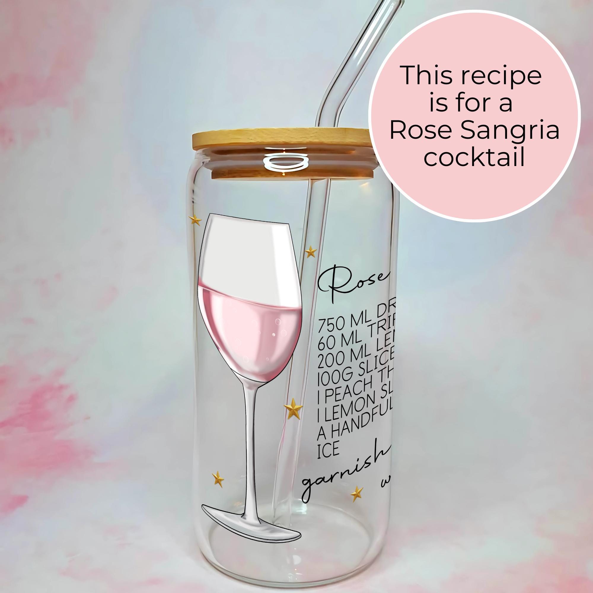 16oz Rose Sangria Cocktail Recipe Glass – Clear Tumbler with Bamboo Lid #CL