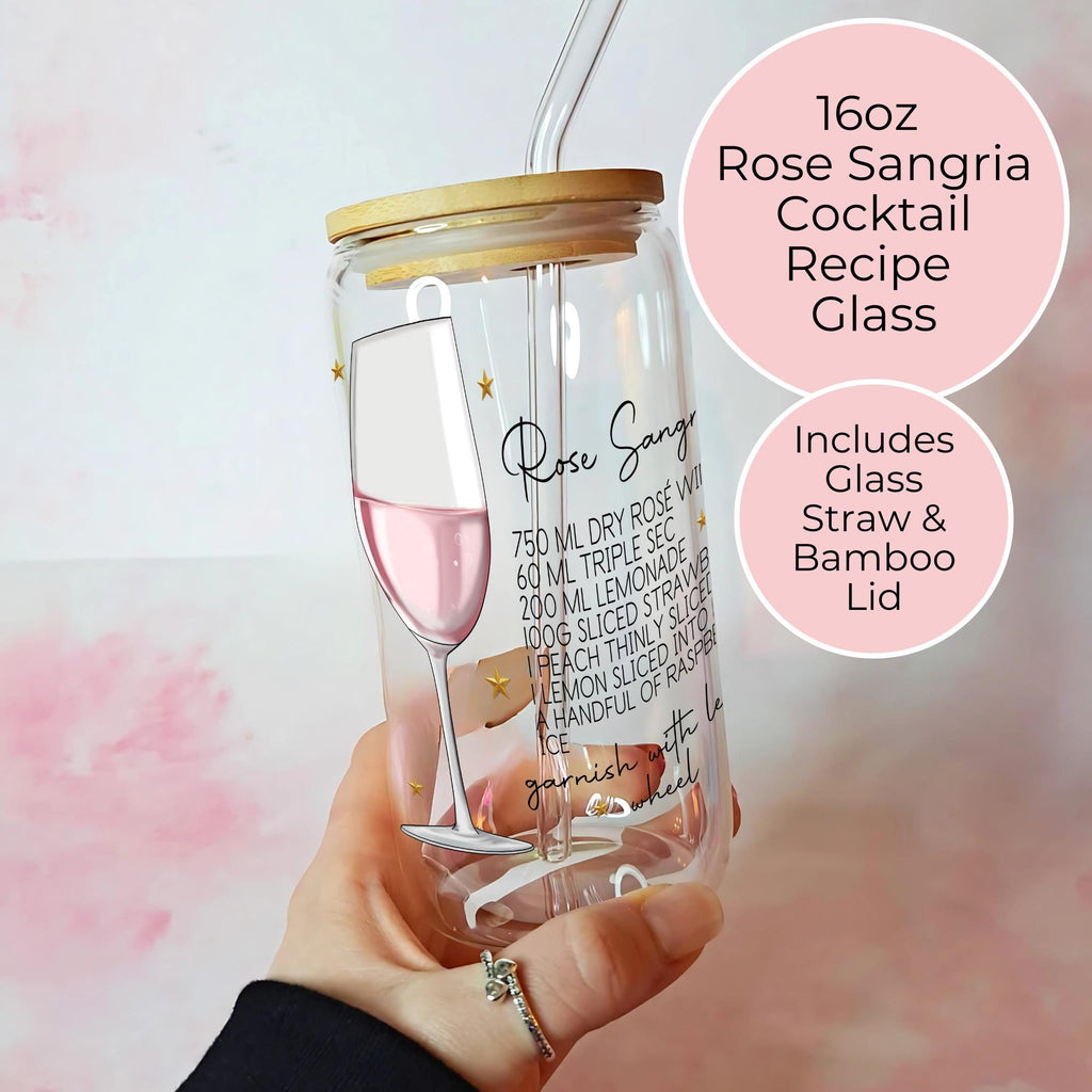 16oz Rose Sangria Cocktail Recipe Glass – Clear Tumbler with Bamboo Lid #CL