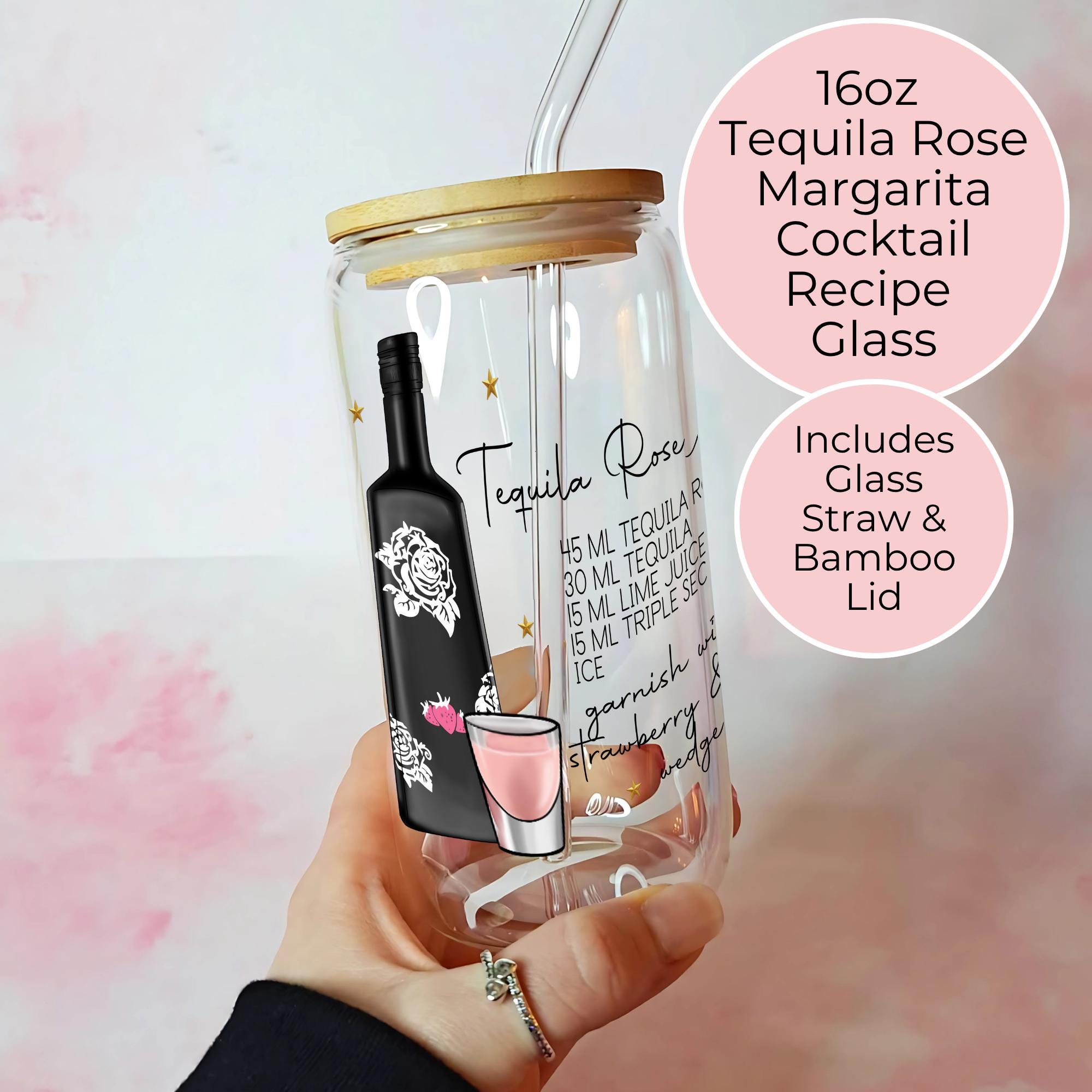 16oz Tequila Rose Margarita Cocktail Recipe Glass – Clear Tumbler with Bamboo Lid #CL